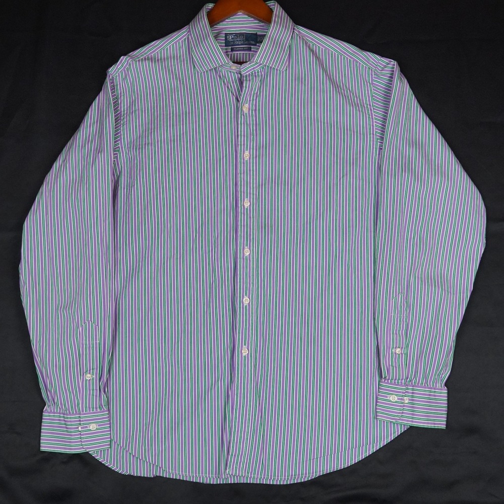 Polo Ralph Lauren Button Up Mens 17.5 Purple Green Striped Classic Fit Cotton
